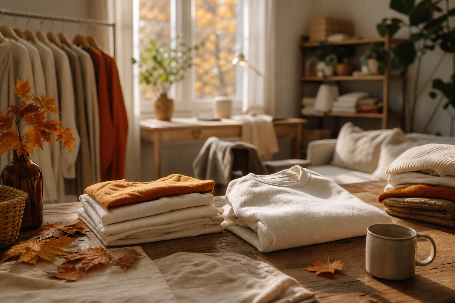 Soft folded tees and cozy apparel in warm morning light — CJCraftBoutique