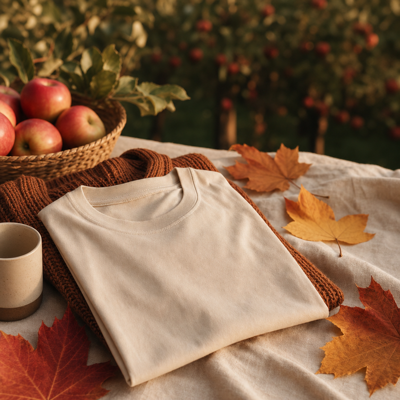 Early-fall leaves and soft apparel for seasonal print drops