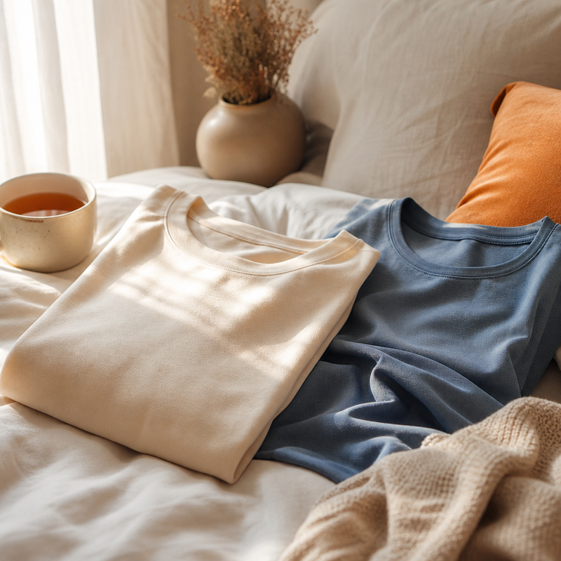 Soft folded tees and a cozy mug for everyday Soft-Life moments