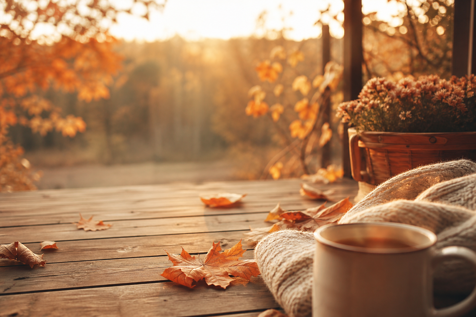 Early fall cozy scene with maple leaves, knit throw, and warm cider