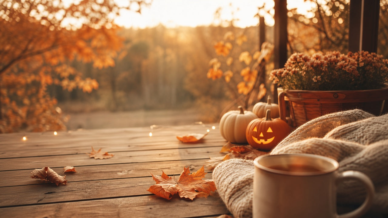 Cozy Halloween porch with a glowing pumpkin, knit throw, and warm cider